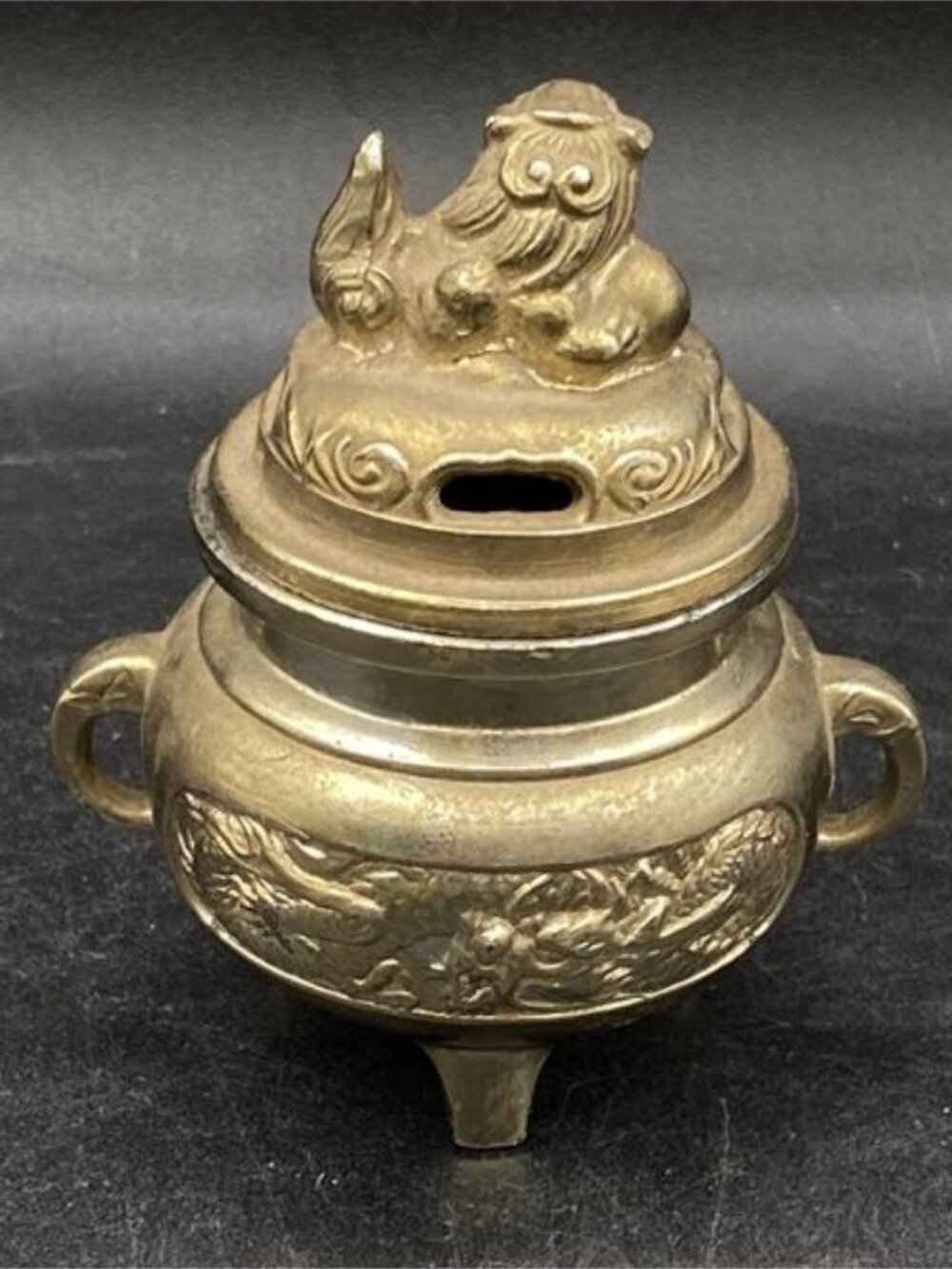 Cone Incense Burner Holder Foo Dog Gold Brass Asian Hindu Altar